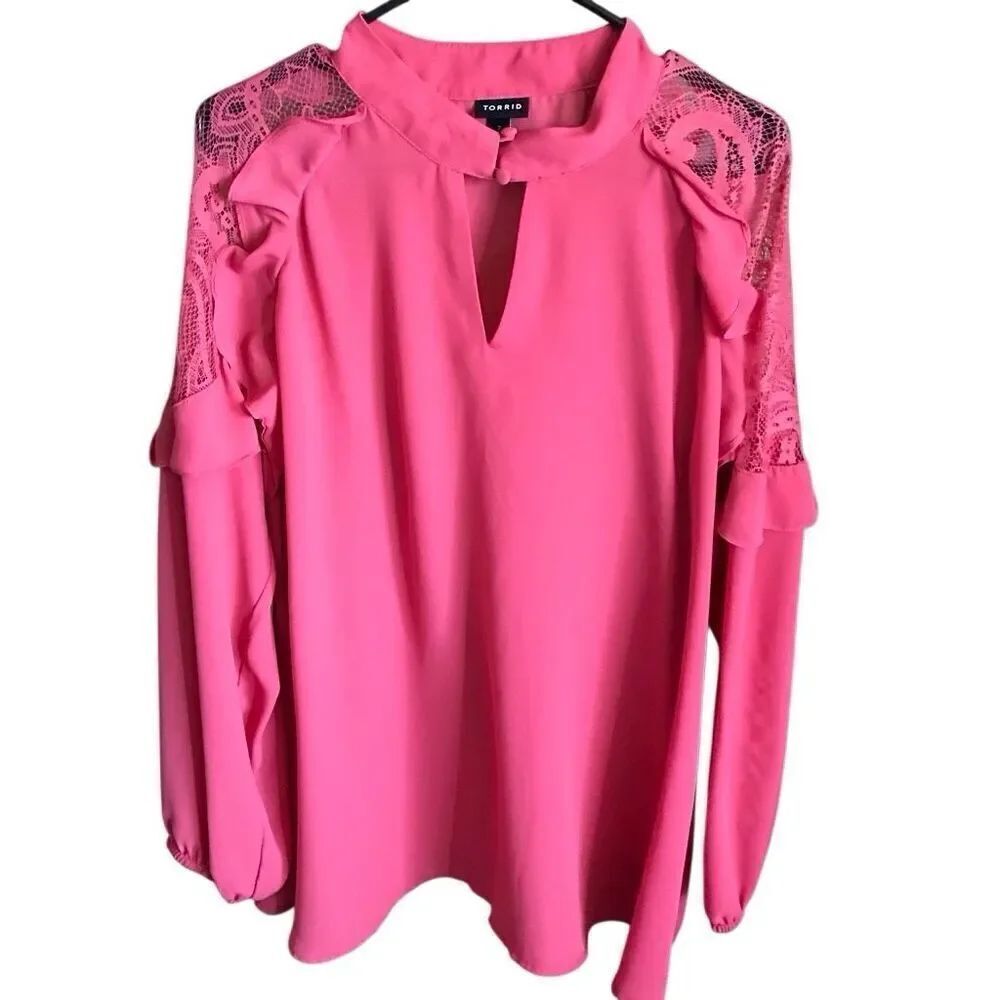 Torrid Long sleeve pink blouse top shirt SZ 2 = 2X semi sheer lace ruffles